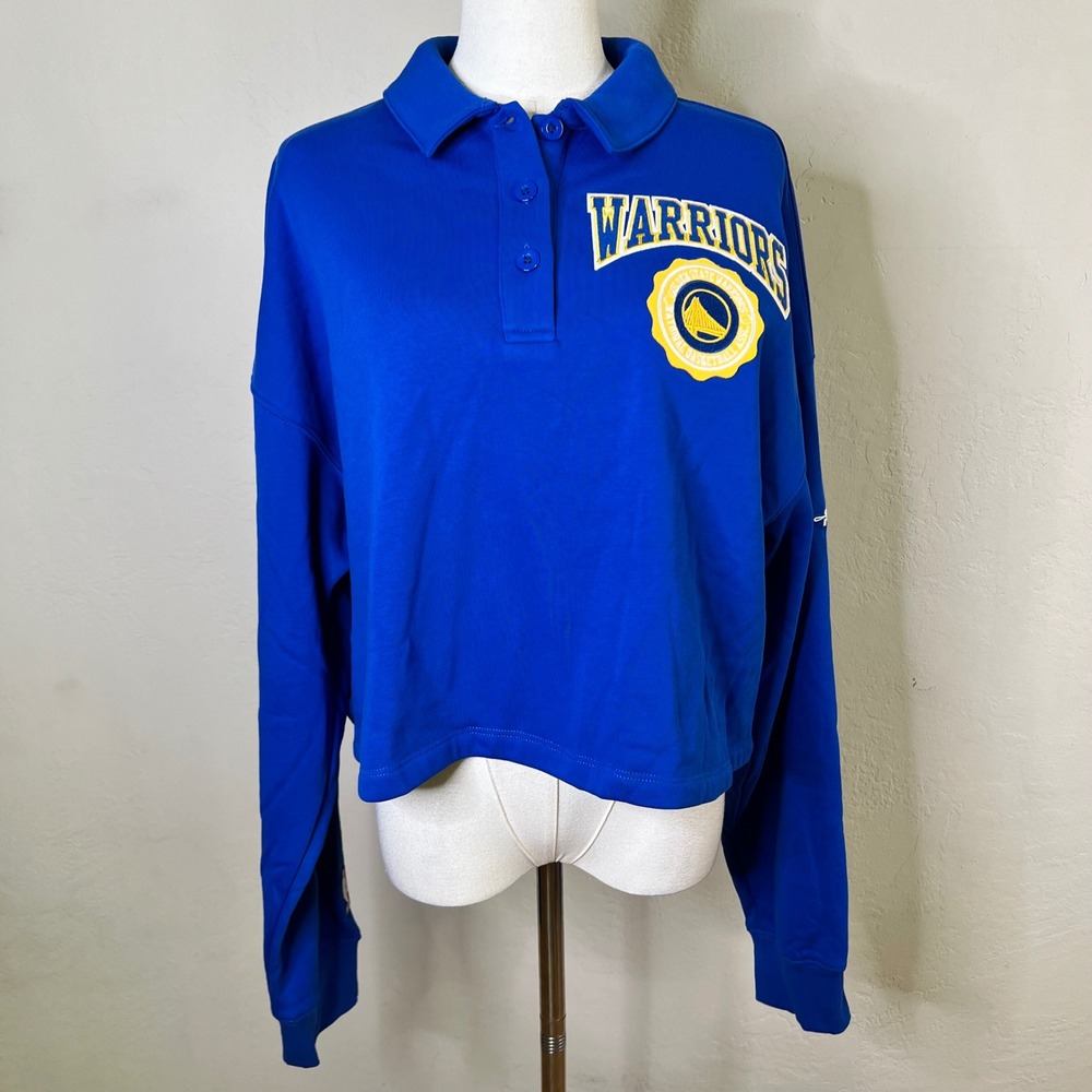 Golden State Warriors Pro Standard NBA Cropped Polo Sweatshirt Women Size L Blue